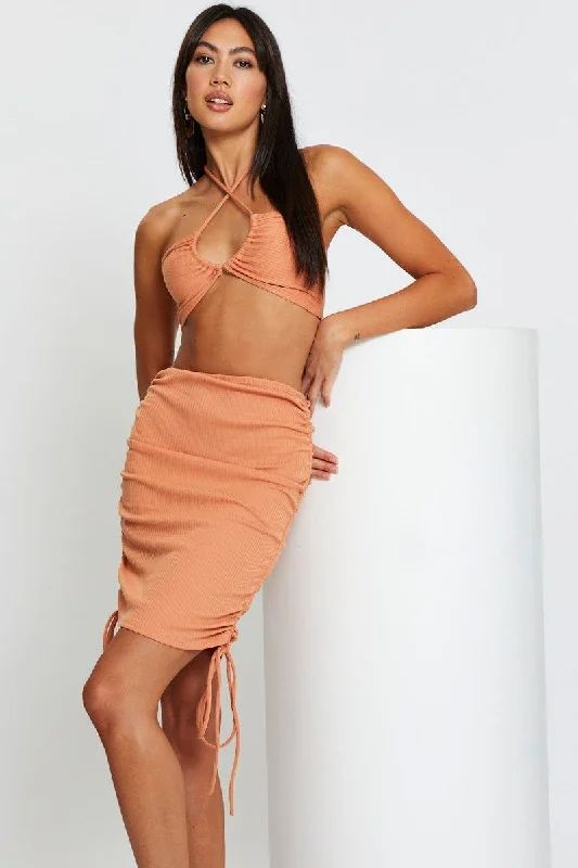 Exclusive Offers You’ll Love!Brown Ribbed Ruched Drawstring Skirt