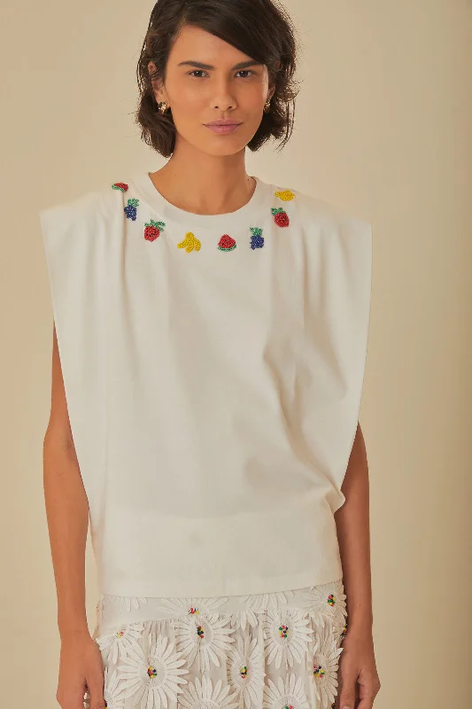 Great Deals, Just for You!White Beaded Fruits Organic Cotton T-Shirt