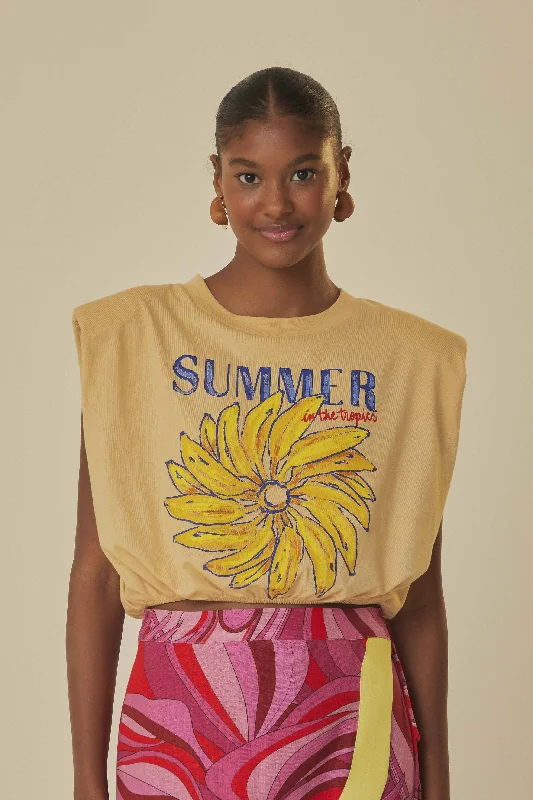 Enjoy Huge Discounts Now!Beige Summer In The Tropics Shoulder Pad Organic Cotton T-Shirt Enjoy Huge Discounts Now!Beige Summer In The Tropics Shoulder Pad Organic Cotton T-Shirt