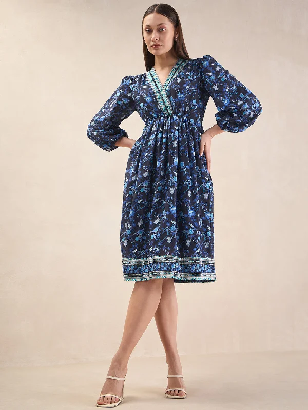 Blue Border Printed Wrap Midi Dress