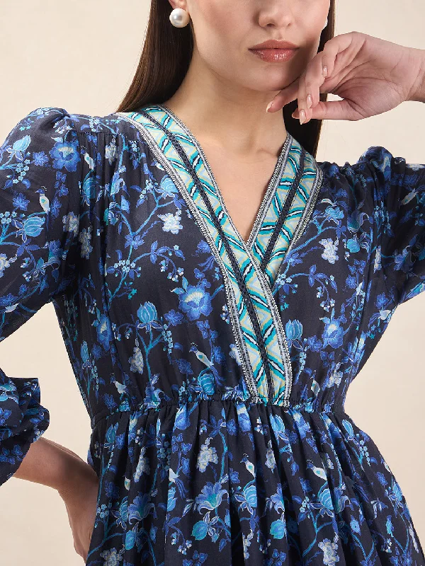 Blue Border Printed Wrap Midi Dress