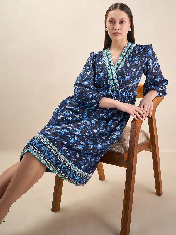 Blue Border Printed Wrap Midi Dress