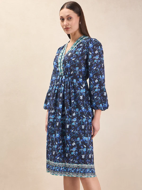 Blue Border Printed Wrap Midi Dress