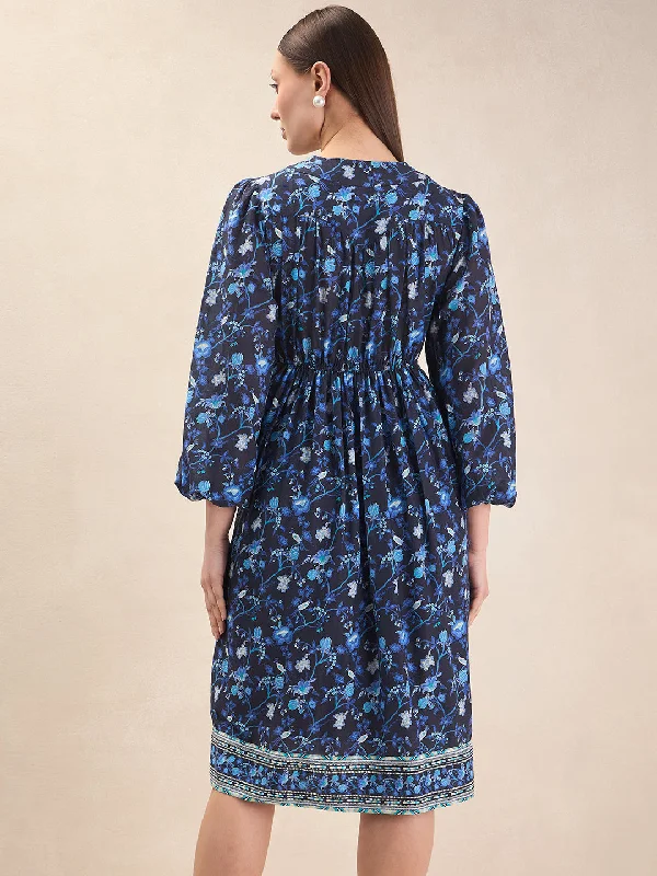 Blue Border Printed Wrap Midi Dress