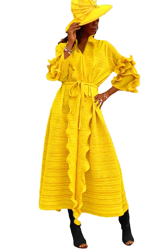 Long Sleeve Ruffle Pleated V Neck Midi Dress