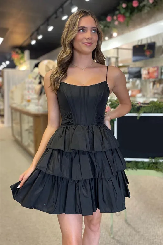 Black Straps Satin A-Line Short Corset Homecoming Dress With Bow PD543