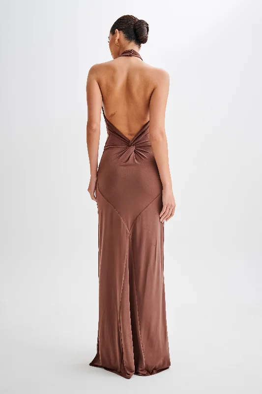 Elyna Slinky Halter Maxi Dress - Chocolate