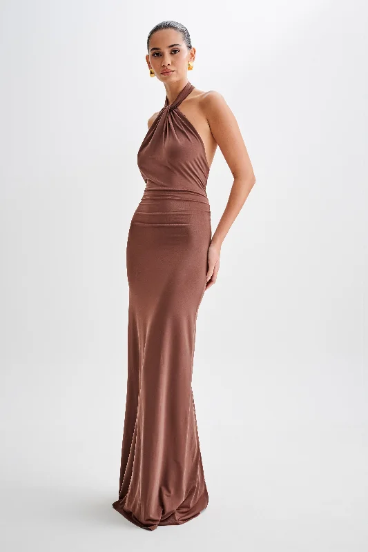 Elyna Slinky Halter Maxi Dress - Chocolate