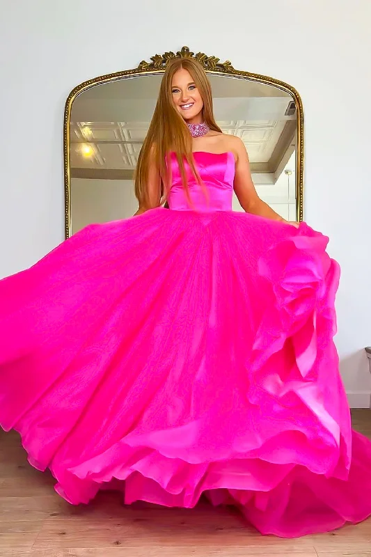 Fuchsia Strapless A-line Tulle Long Prom Dress