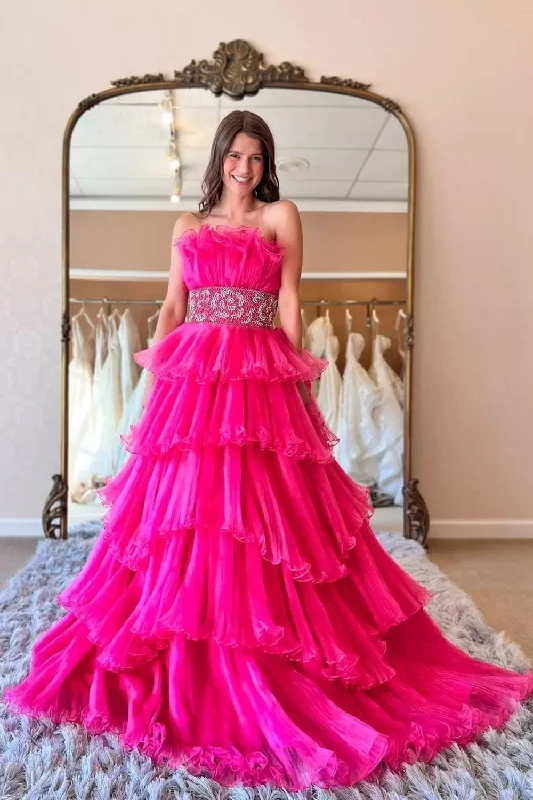 Fuchsia Strapless Ruffled Tiered A-line Long Prom Dress