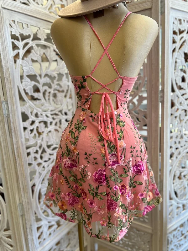 Heart Lined Floral Embroidered Dress- Not Stretchy