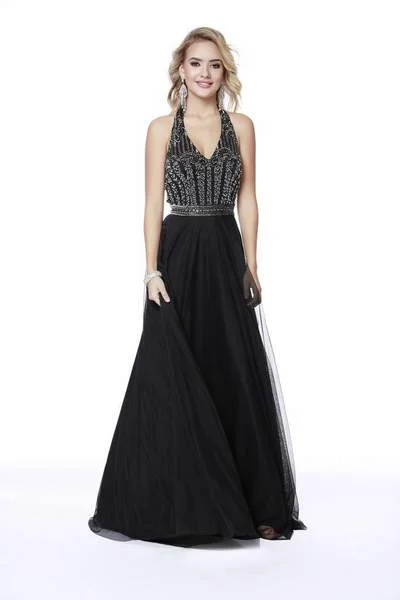 Shail K - Embellished Halter V-neck Tulle A-line Dress 12208 - 1 pc Black In Size 8 Available