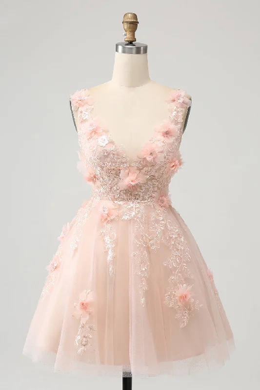 Sparkly Blush A Line V Neck Sequin Short Homecoming Dress with 3D Flowers