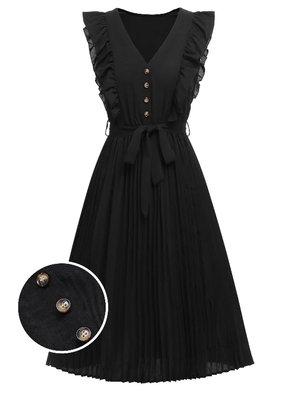 Black 1940s Solid Flying Sleeve Pleated Dress