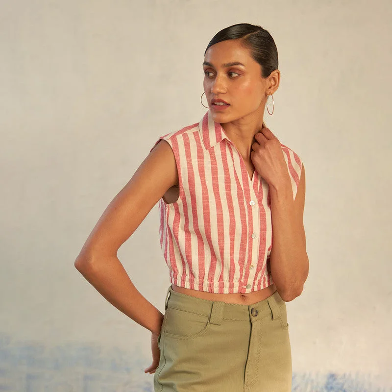 Cotton Poplin Crop Shirt for Women | Red & White | Sleeveless