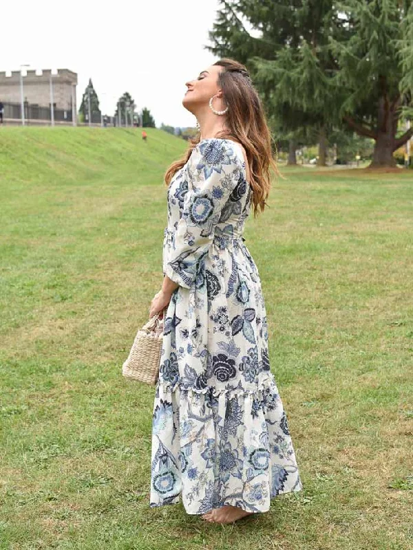 Montauk Blue Floral Puff Sleeve Maxi Dress