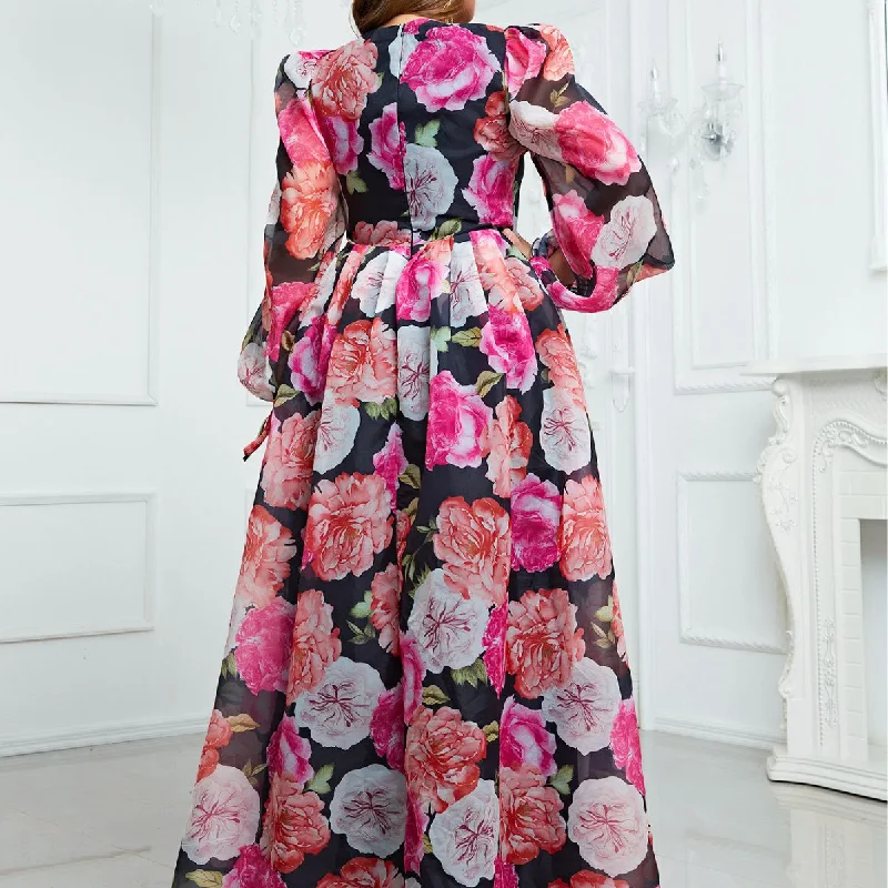 NiDELL Europe and America Cross Border plus Size Dress Chiffon Floral Holiday Dress Puff Sleeve Maxi Dress-FMGN152-1