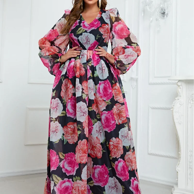 NiDELL Europe and America Cross Border plus Size Dress Chiffon Floral Holiday Dress Puff Sleeve Maxi Dress-FMGN152-1