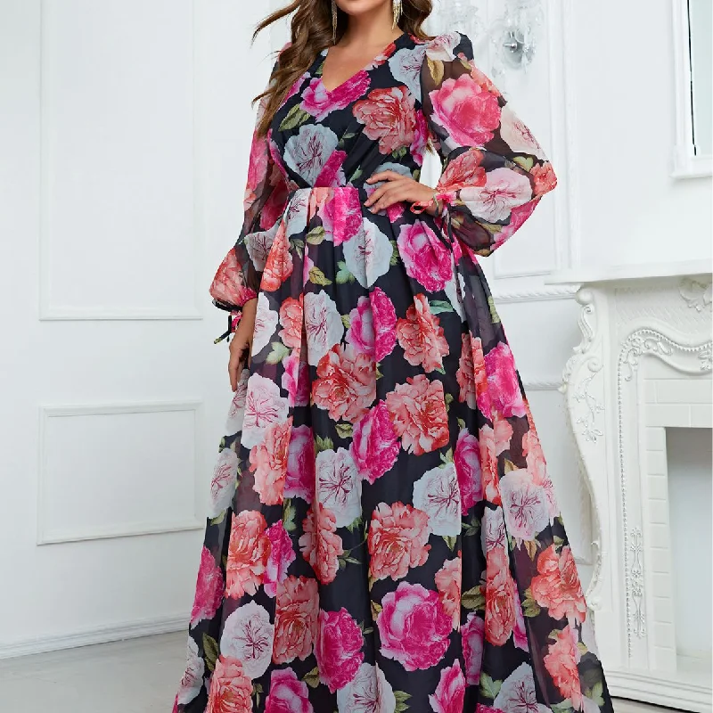 NiDELL Europe and America Cross Border plus Size Dress Chiffon Floral Holiday Dress Puff Sleeve Maxi Dress-FMGN152-1