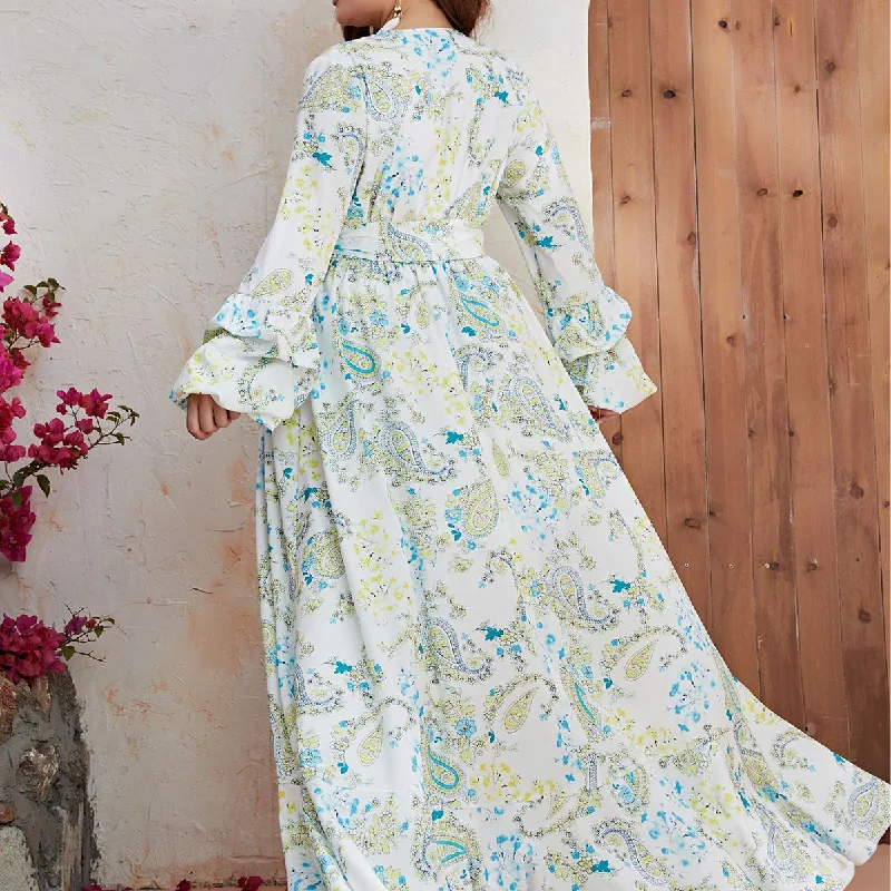 NiDELL European and American plus Size Long Dress Women's Chiffon V-neck Long-Sleeve Dress Split Print Casual Dress-Fssn069