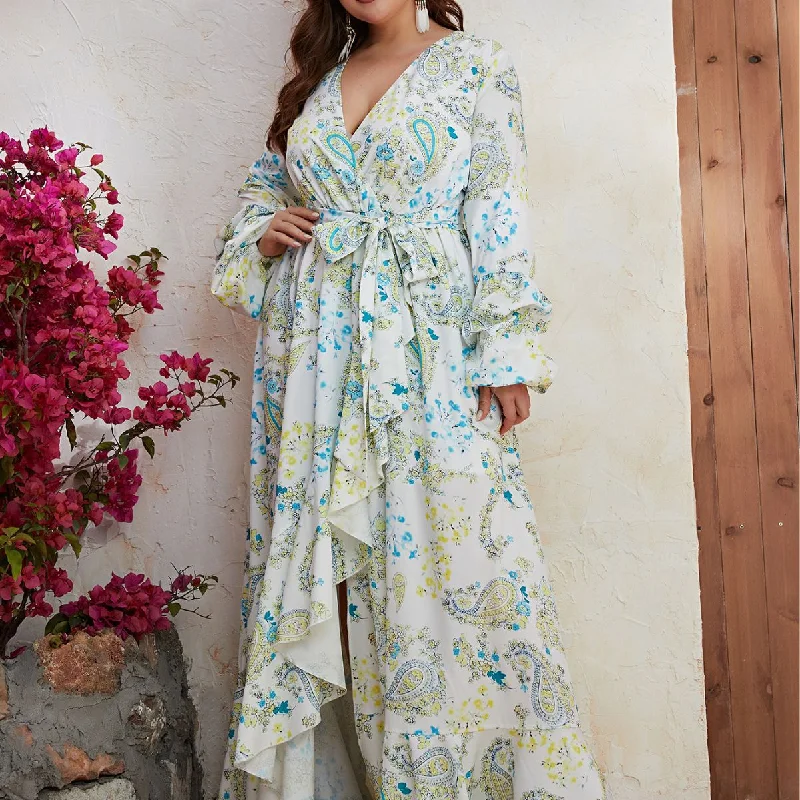 NiDELL European and American plus Size Long Dress Women's Chiffon V-neck Long-Sleeve Dress Split Print Casual Dress-Fssn069