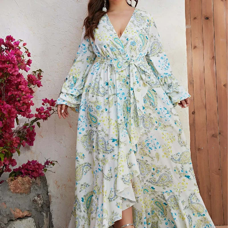 NiDELL European and American plus Size Long Dress Women's Chiffon V-neck Long-Sleeve Dress Split Print Casual Dress-Fssn069