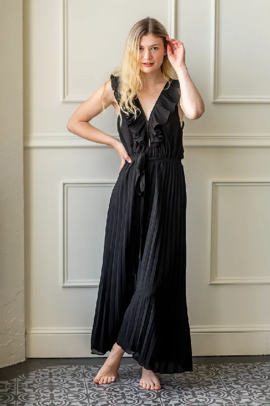 Ravello Deep V Pleated Maxi Dress - Black