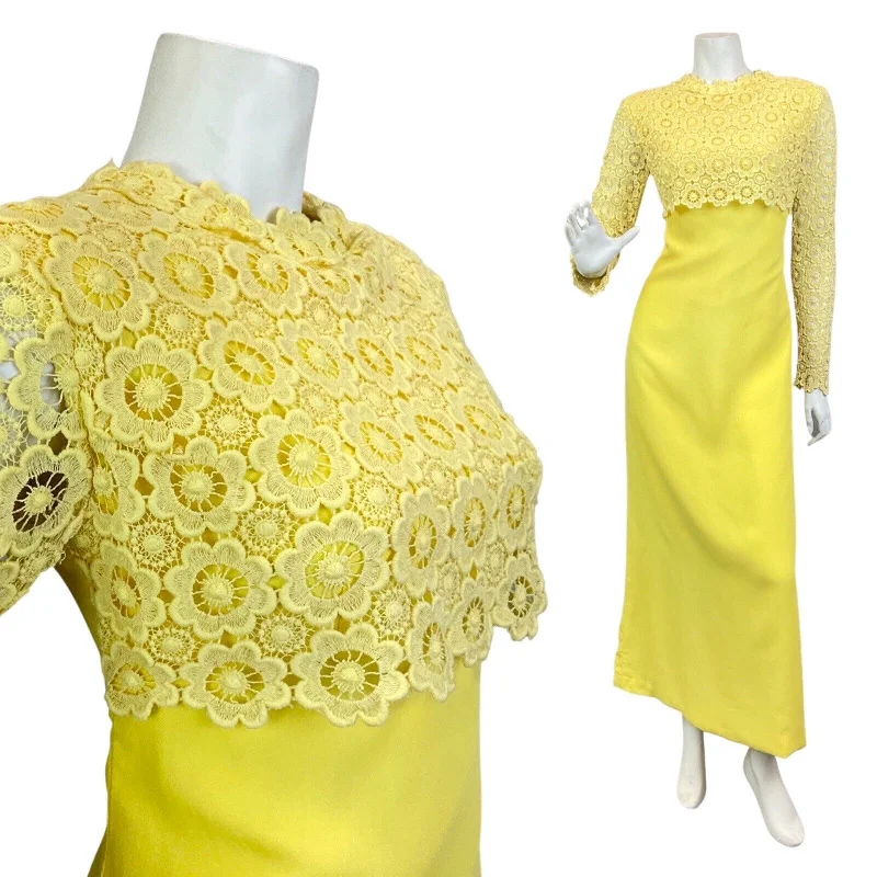 VINTAGE 60s 70s LEMON YELLOW FLORAL DAISY LACE BOHO PRAIRIE MOD MAXI DRESS 10 12