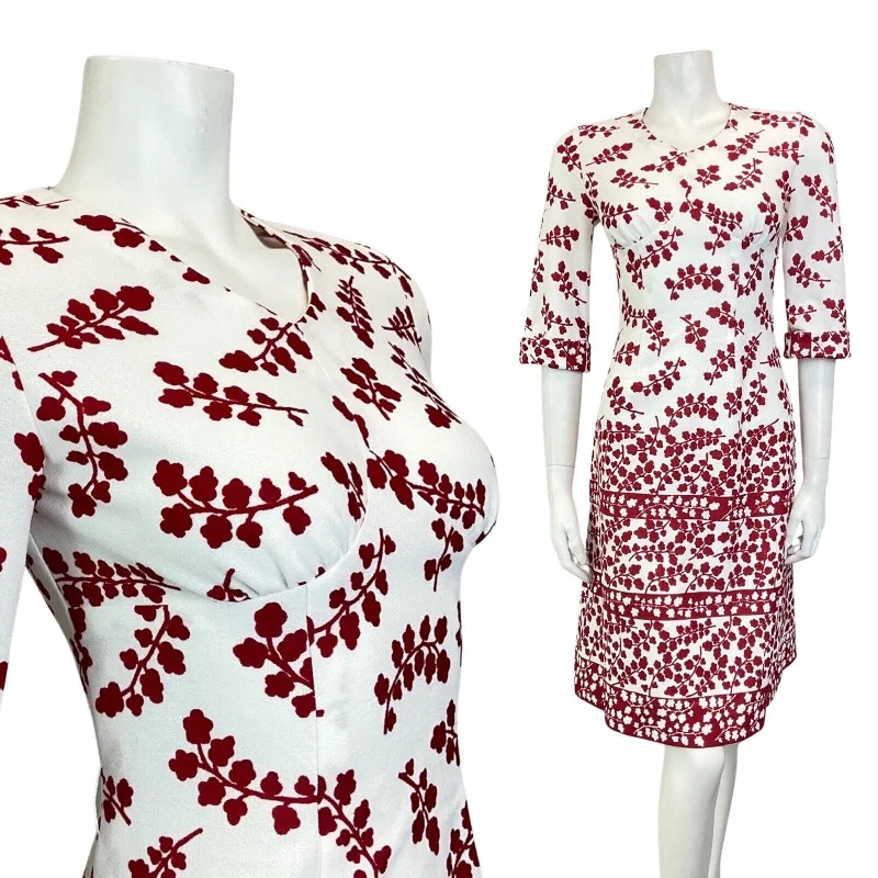 VINTAGE 60s 70s WHITE WINE RED BRANCH LEAFY FLORAL KNEE-LENGTH DRESS 8