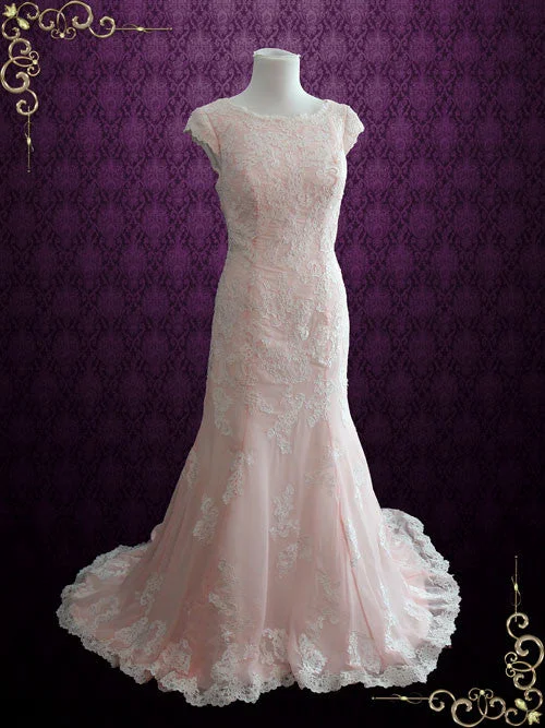 Modest Pink Chiffon Lace Wedding Dress with Cap Sleeves | Tania