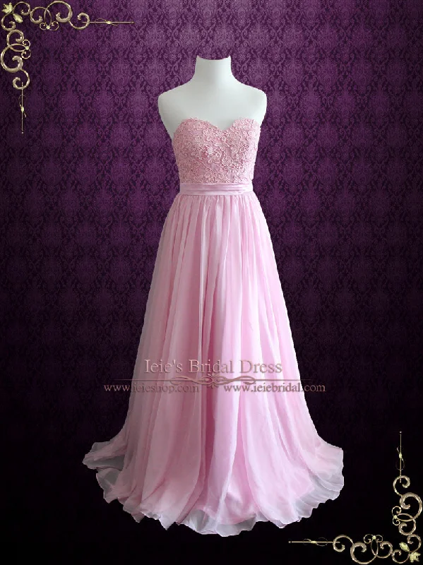 Pink Strapless Lace Chiffon Long Formal Bridesmaid Dress