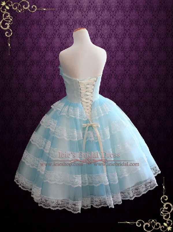 Tea Length Blue Retro 50s Prom Formal Tulle Dress with Ruffles | Maggie