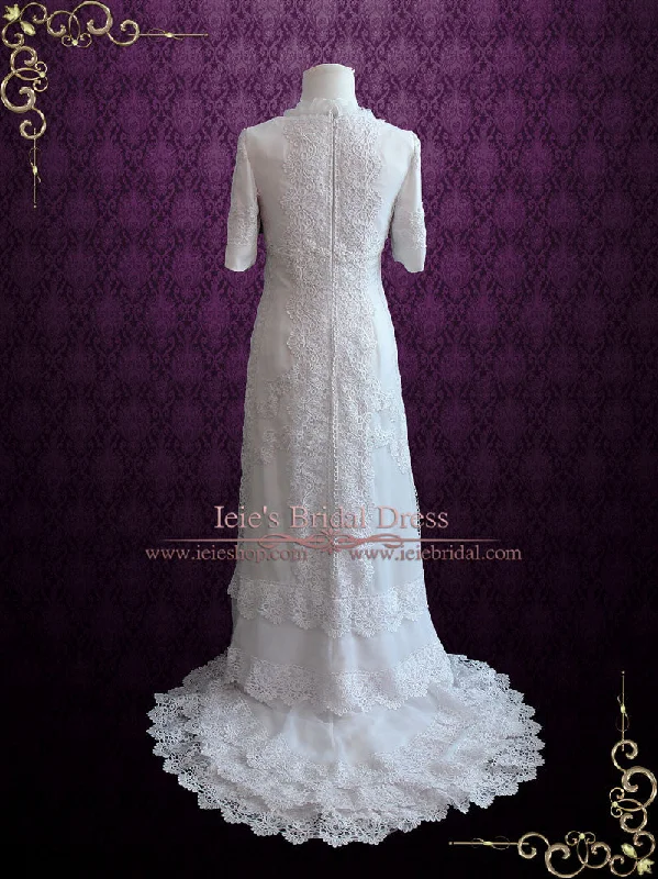 Vintage Style Modest Lace Silk Wedding Dress with Sleeves CASSANDRA