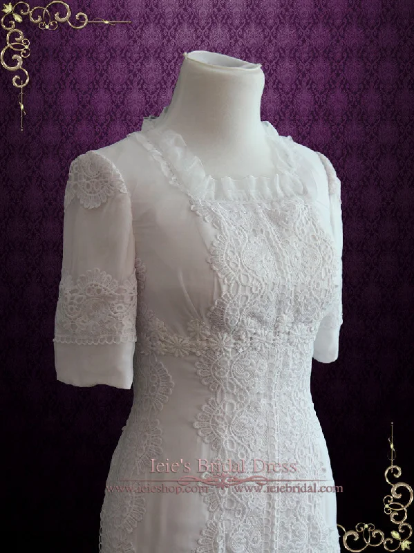 Vintage Style Modest Lace Silk Wedding Dress with Sleeves CASSANDRA