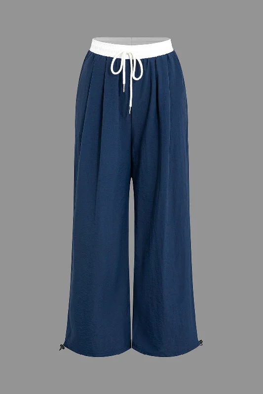 Contrast Drawstring Waist Wide Leg Pants