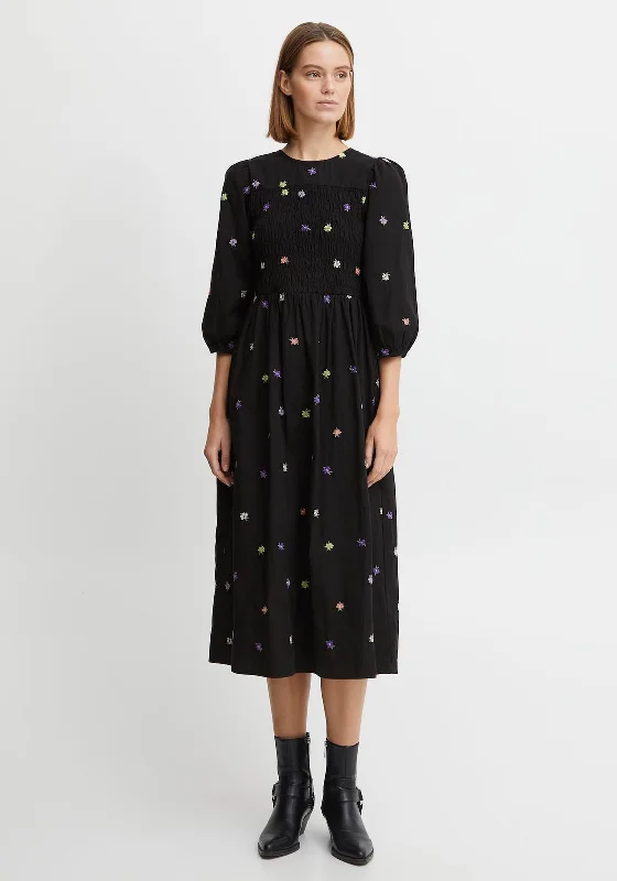 b.young Embroidered Floral Midi Dress, Black