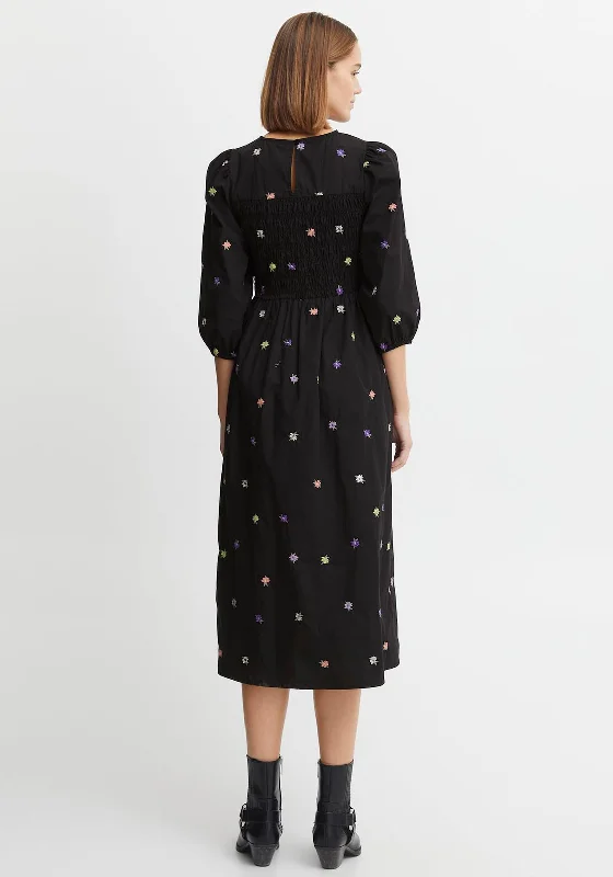 b.young Embroidered Floral Midi Dress, Black