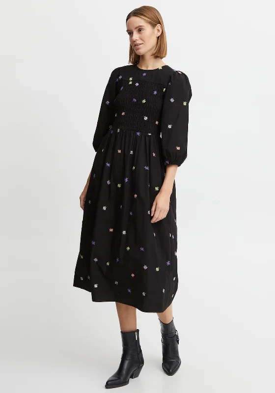 b.young Embroidered Floral Midi Dress, Black