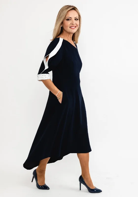 Lizabella Contrast Shoulder Dipped Hem Dress, Navy