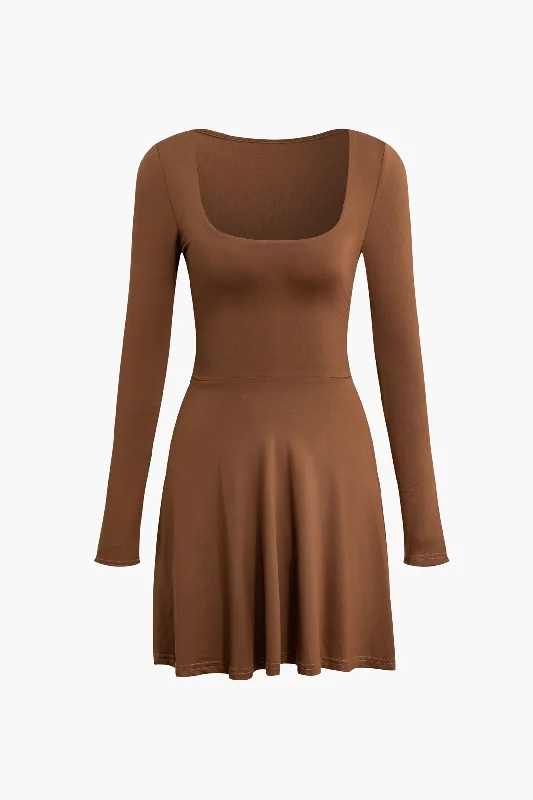 Basic Solid Long Sleeves U-Neck A-Line Mini Dress