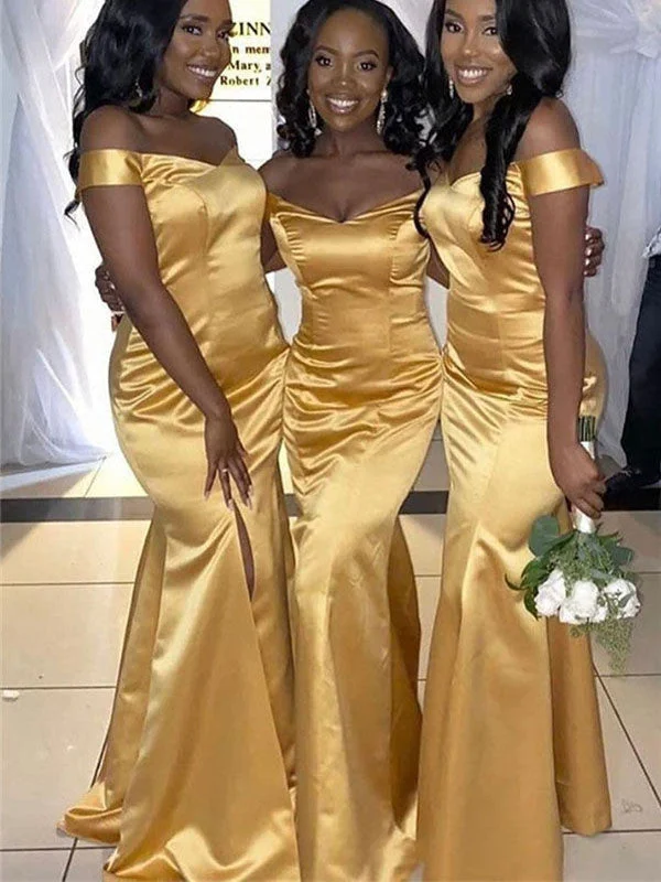 Mermaid Off the Shoulder Gold Simple Elegant Long Formal Bridesmaid Dresses BD131