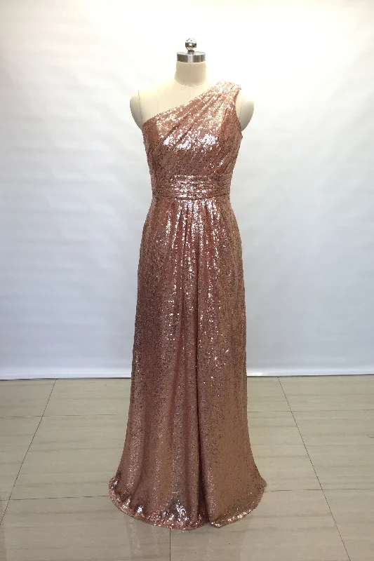 Ruched Rose Gold Sequin Bridesmaid Gown Single Shoulder