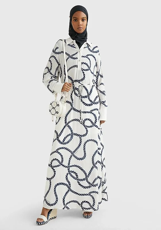 Tommy Hilfiger Womens Rope Print Maxi Dress, Cream