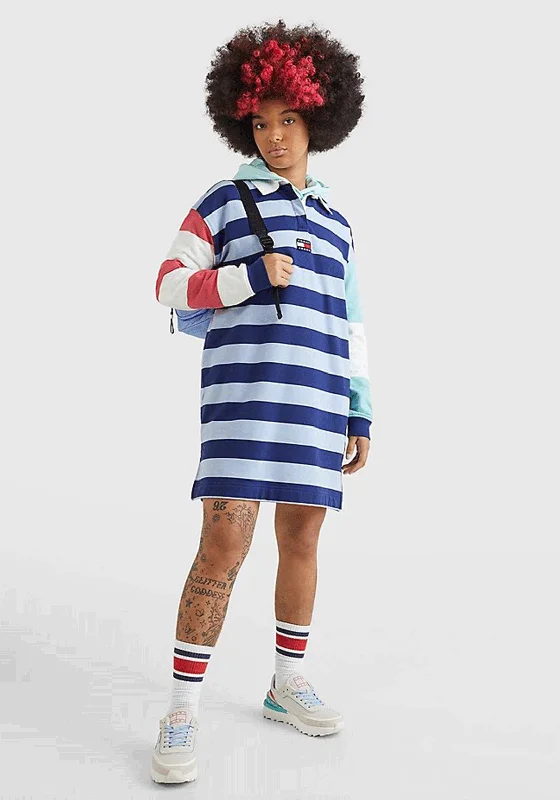 Tommy Jeans Colour-Block Rugby Stripe Polo Dress, Pearly Blue