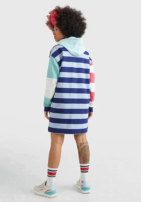 Tommy Jeans Colour-Block Rugby Stripe Polo Dress, Pearly Blue