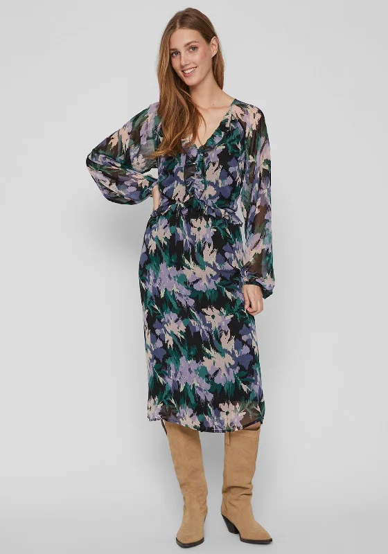 Vila Daliana Floral Midi Dress, Black Multi