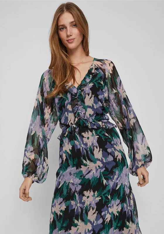 Vila Daliana Floral Midi Dress, Black Multi