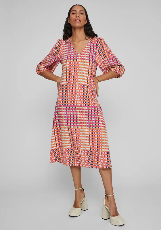 Vila Pipe Check Print Midi Dress, Multi