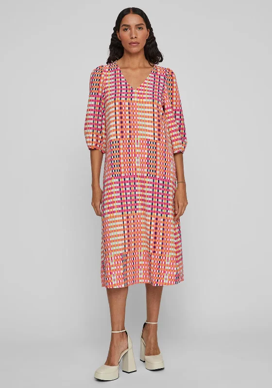 Vila Pipe Check Print Midi Dress, Multi