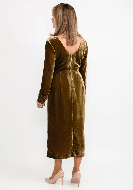 White Stuff Nadia Velvet Midi Dress, Dark Chartreuse